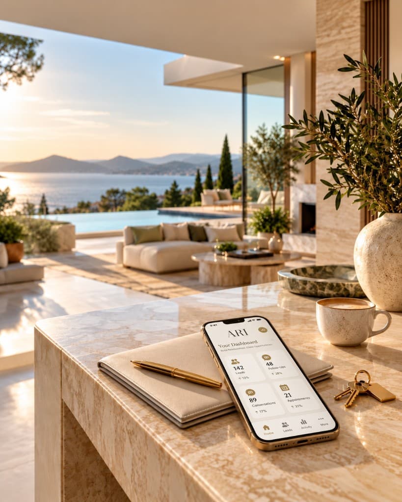 Luxury coastal home with ARI mobile dashboard showing leads and follow-ups
