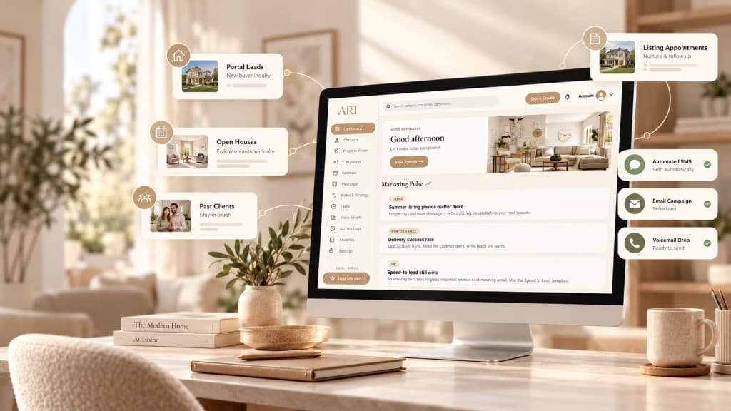 ARI real estate CRM dashboard with portal leads, automated SMS, email campaigns, and voicemail drops
