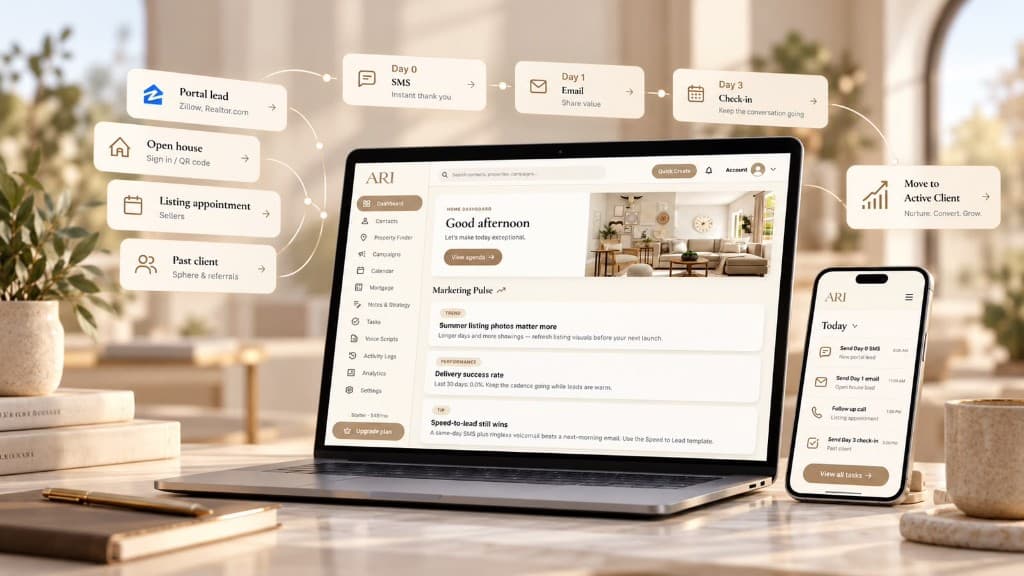 ARI automated follow-up workflow from portal leads and open houses through SMS, email, and check-in sequences